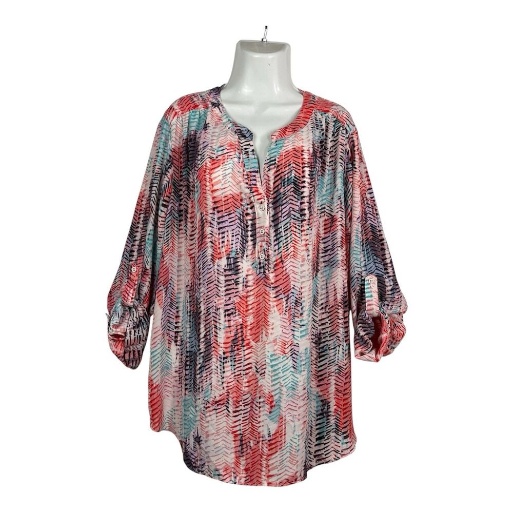 Zac & Rachel Plus Size 2X Tunic Top Pink Blue Watercolor Blouse Roll Tab Sleeve